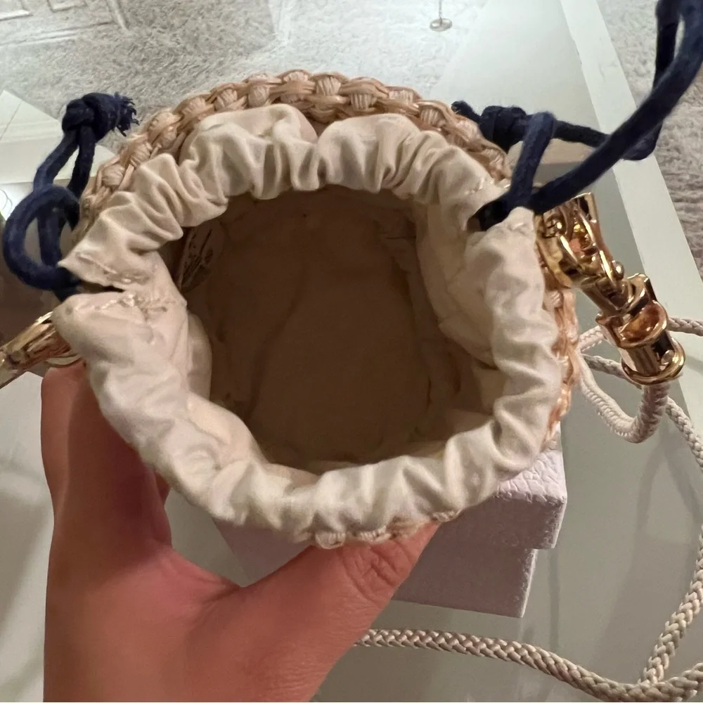 Dior Straw Bucket Crossbody Bag with Navy Logo Band and Gold Hardware - Picture 2 of 10